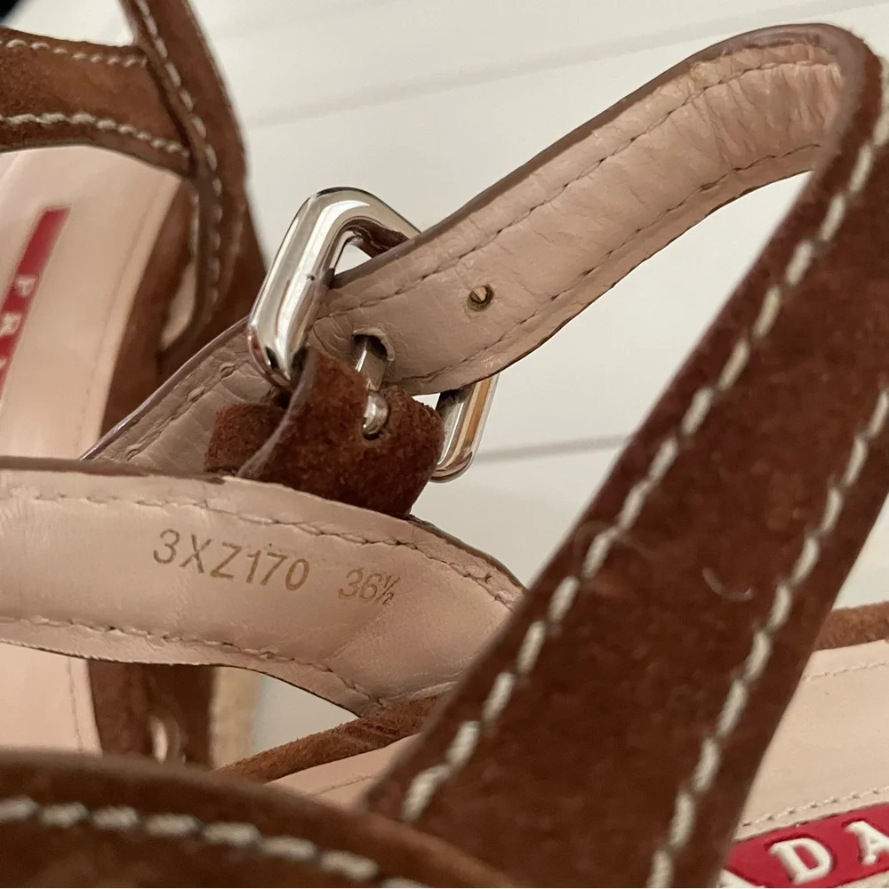 PRADA 3XZ170 Suede Platform Wedge Sandals Brown Espadrille Ankle Strap Size 36.5